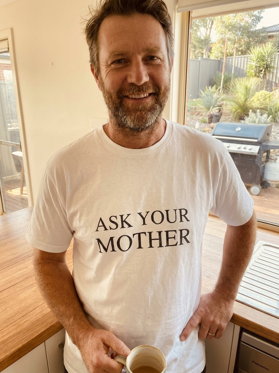 A dad wearing the Ask Your Mother tee