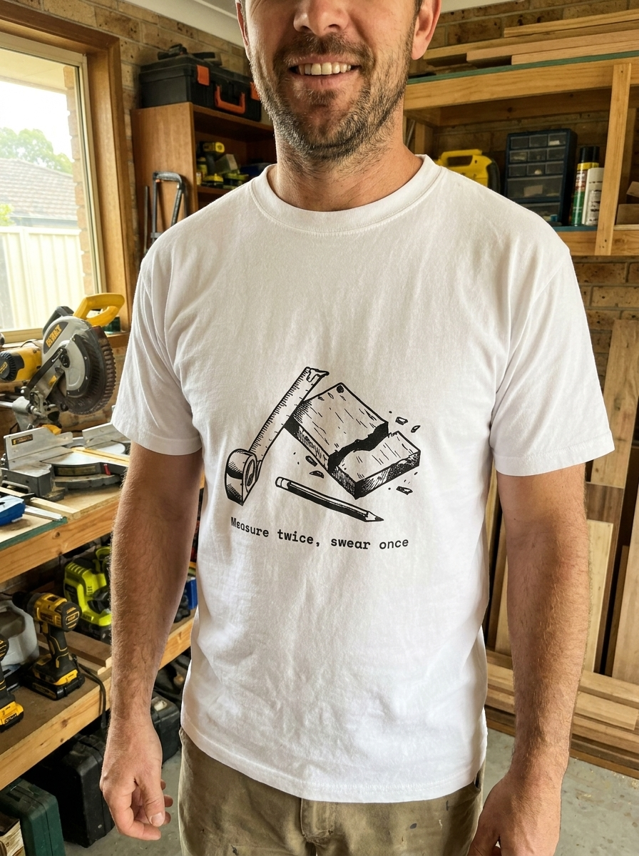 A dad wearing Measure Twice Swear Once tee in the shed