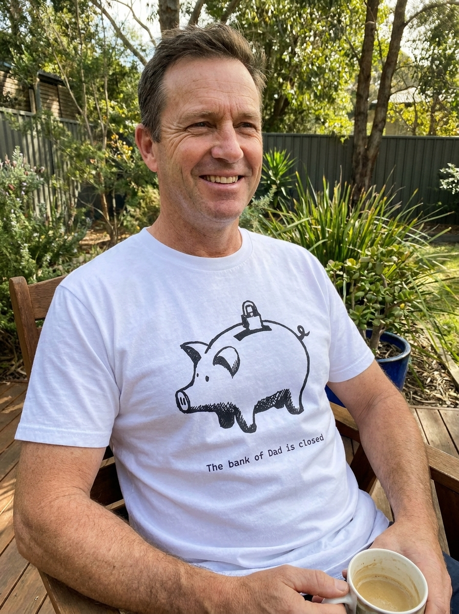 A dad wearing The Bank of Dad Is Closed tee in the backyard