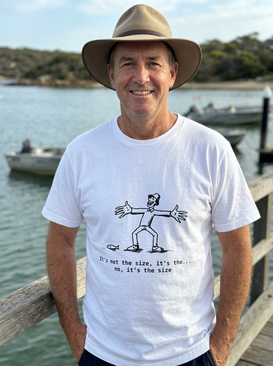 A dad wearing The One That Got Away tee by the water