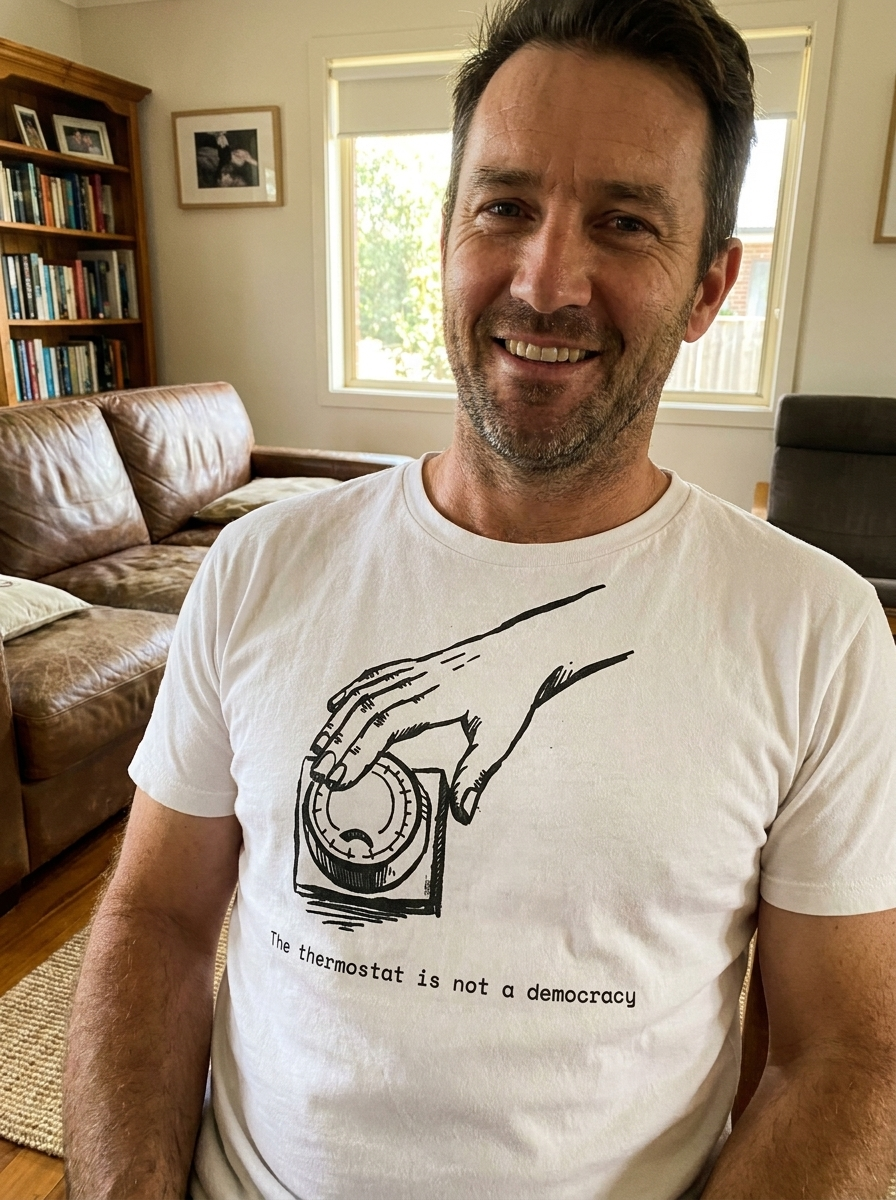 A dad wearing The Thermostat Is Not a Democracy tee